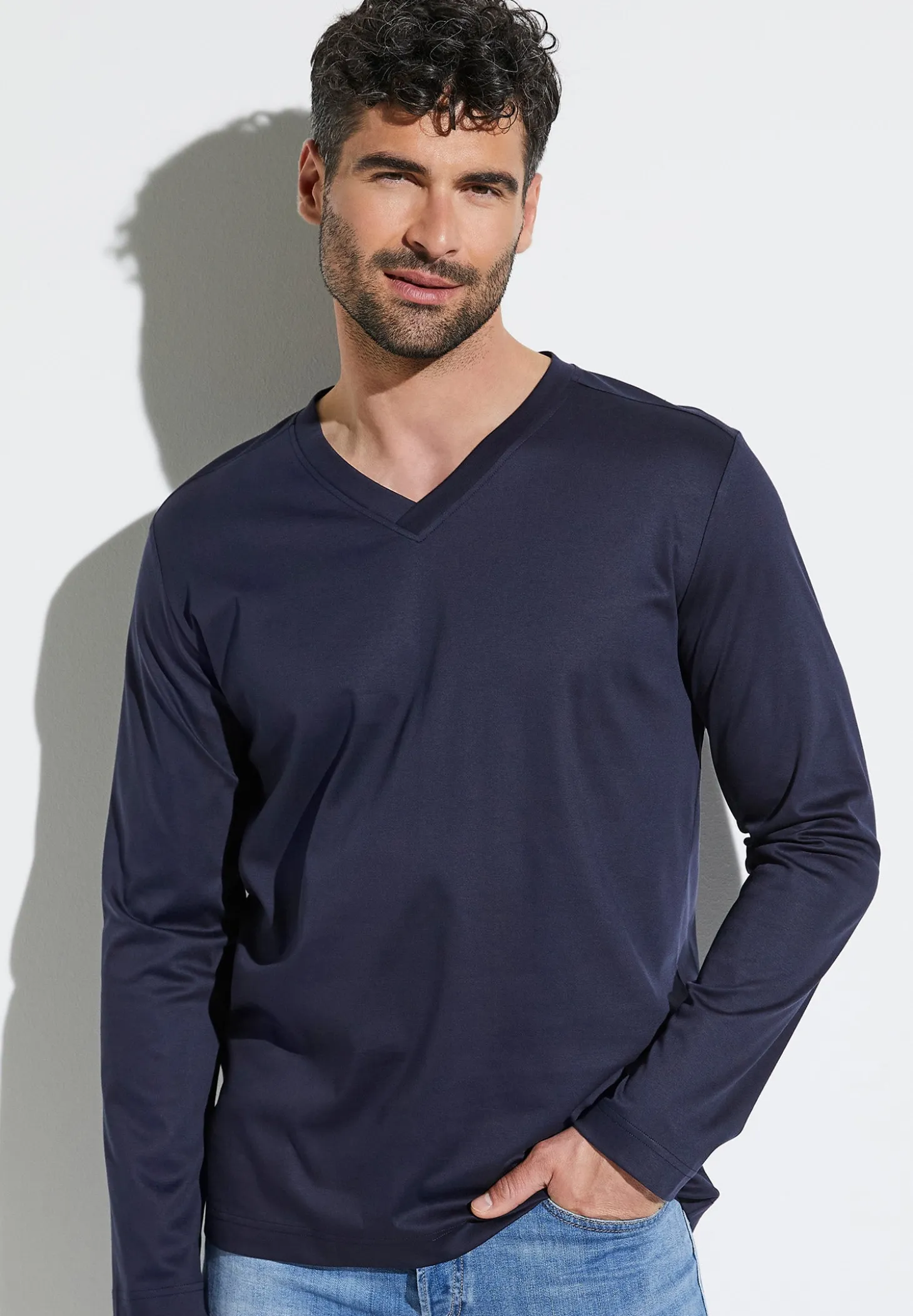 Homme Zimmerli Supreme Green CottonT-Shirt à manches longues col en V - navy
