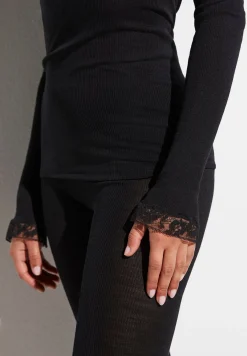 Femme Zimmerli Wool & SilkT-Shirt à manches longues col en V - black