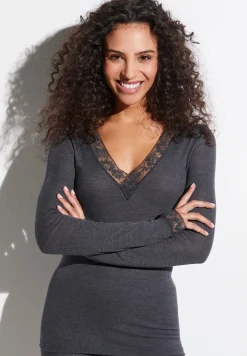 Femme Zimmerli Wool & SilkT-Shirt à manches longues col en V - anthrazit